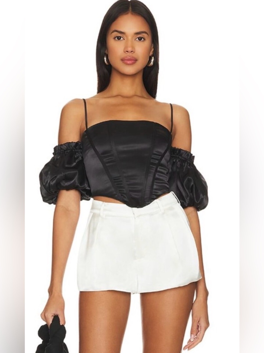 superdown Black Satin Off the Shoulder Phoebe Corset Top in Black Size Small